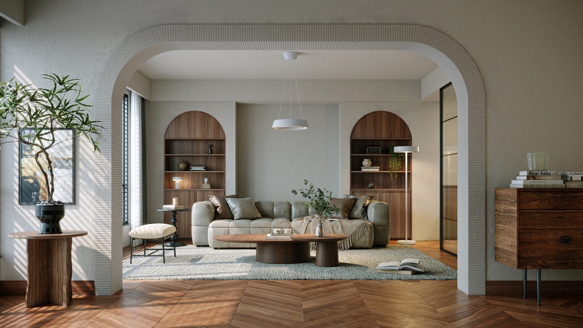 マットな白と木目が織りなすアーバンモダンリビング