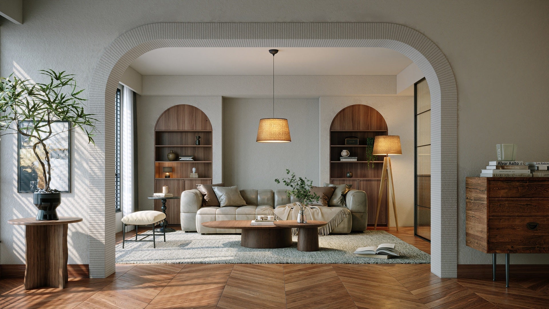 アースカラーで統一された、落ち着きあるリビング空間