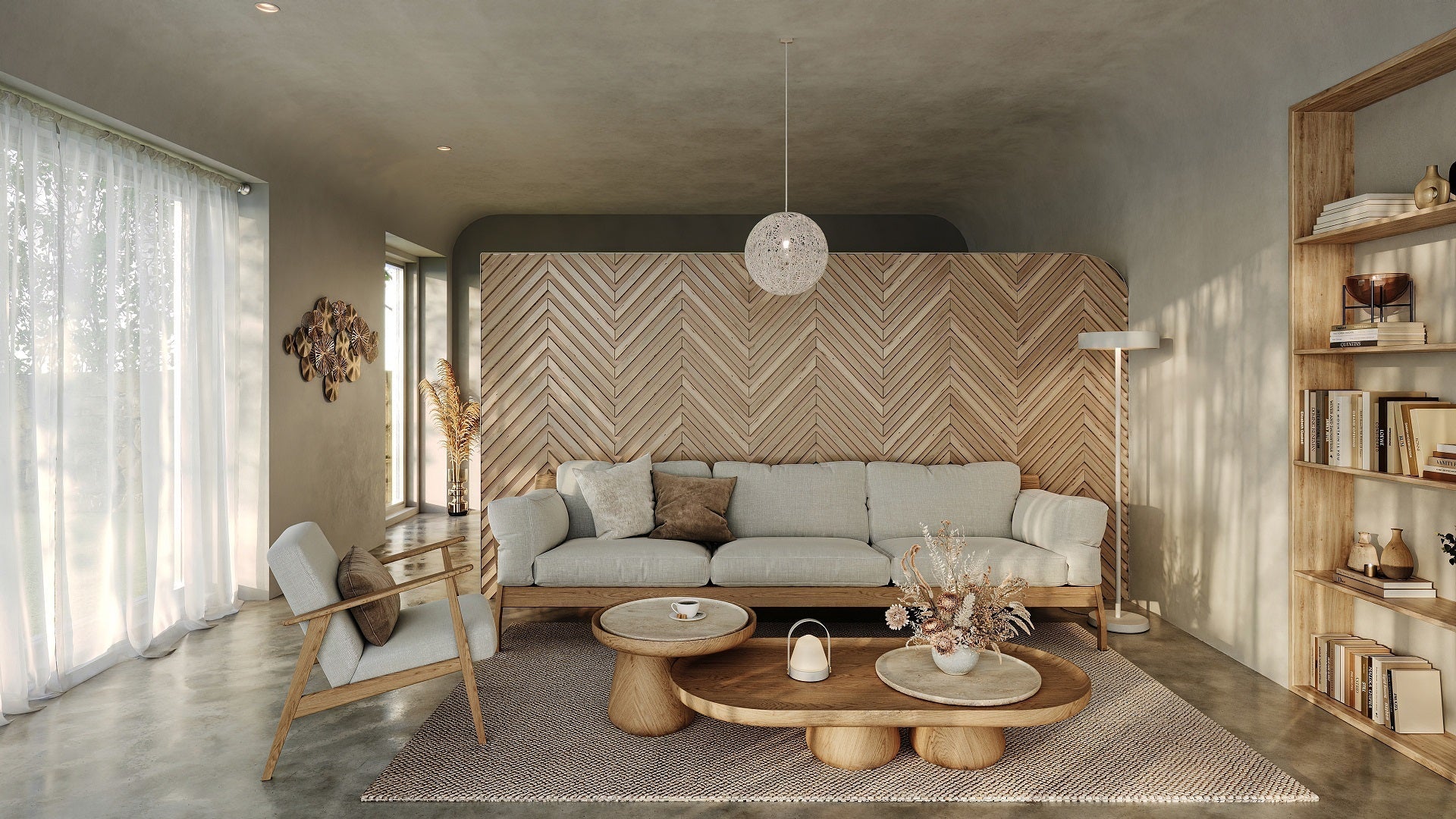 ニュートラルカラーの穏やかなリビング