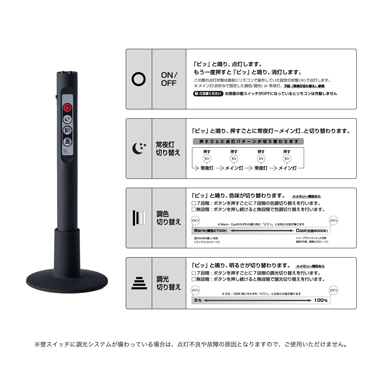 付属のリモコンで「常夜灯」「調色」「調光」の切り替えが可能