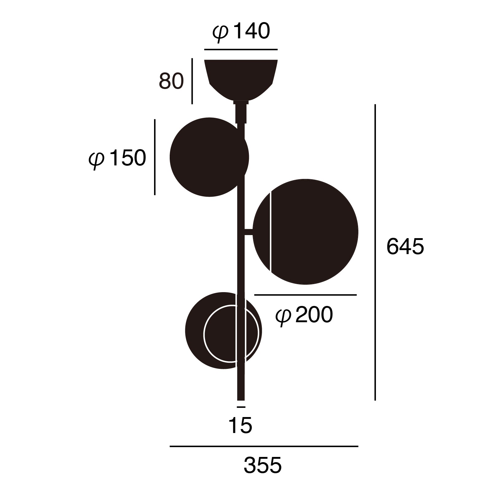 Bliss vertical 3-ceiling light サイズ詳細（単位：mm）