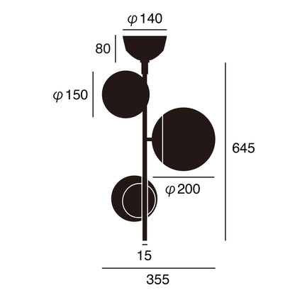 Bliss vertical 3-ceiling light サイズ詳細（単位：mm）